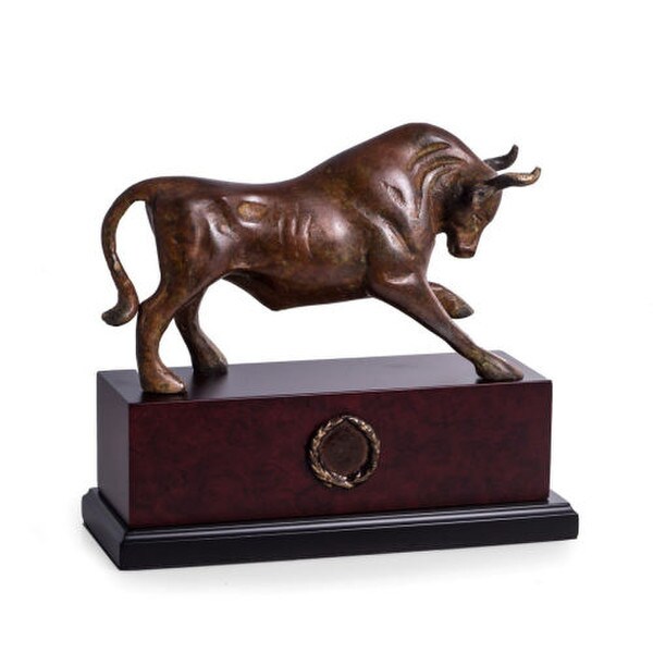 Brass Bull Sculpture On Wood Base High End Flamed Patina Brass